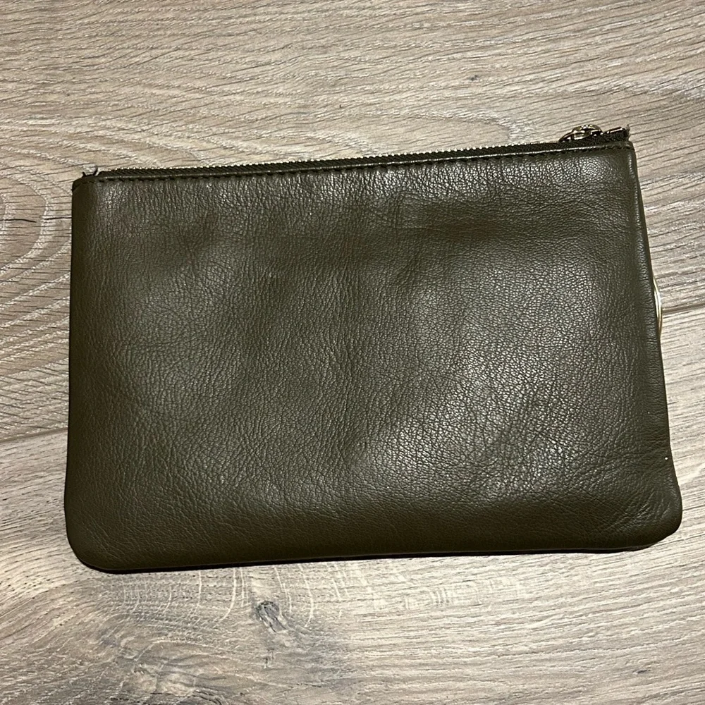 Thacker New York Olive Green Leather Clutch / Wristlet with Ring handle.